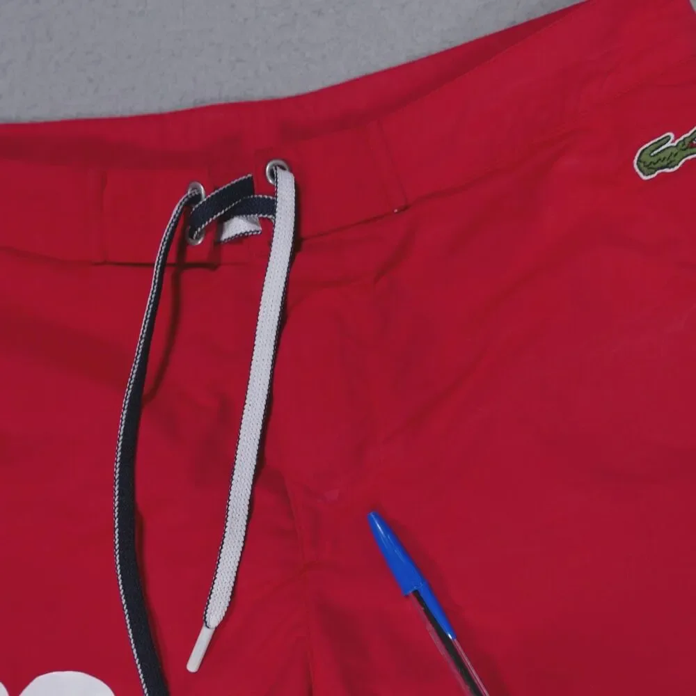 Lacoste Swim Trunks Mens Small Red Spell Out Board Shorts Inseam Surf Logo